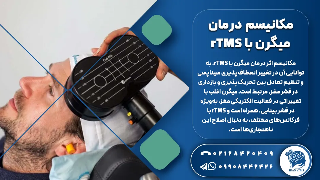 مرد جوان در حال دریافت درمان rtms و توضیح مکانیسم درمان میگرن با rTMS