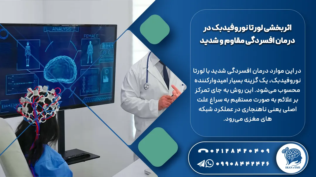 بیمار در حال درمان با لورتا نوروفیدبک و نورولوژیست در حال توضیح اثربخشی لورتا نوروفیدبک در درمان افسردگی مقاوم و شدید
